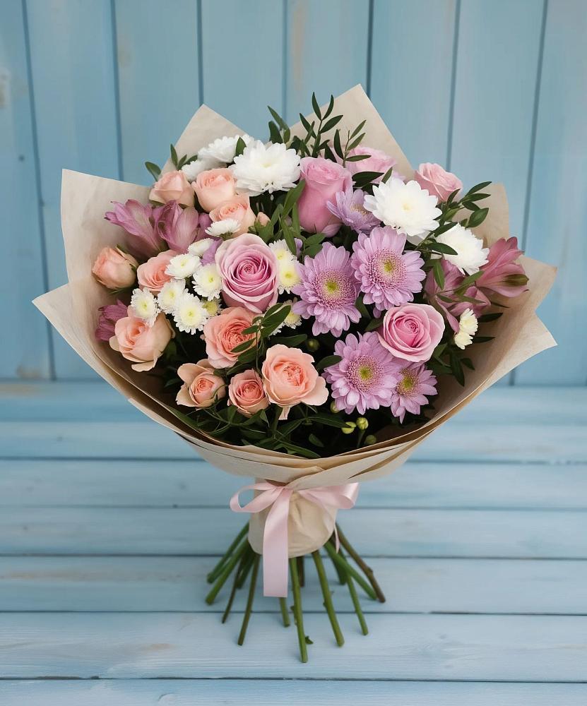 Букет цветов из: Хризантемы, Розы и Альстромерии в Шевляково