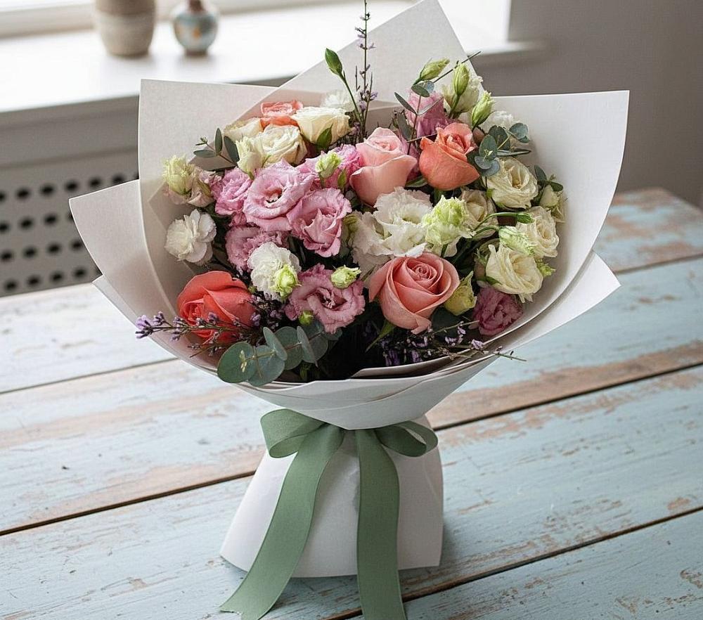 Букет цветов из: Розы, Лизиантусы и Гвоздики в Шевляково