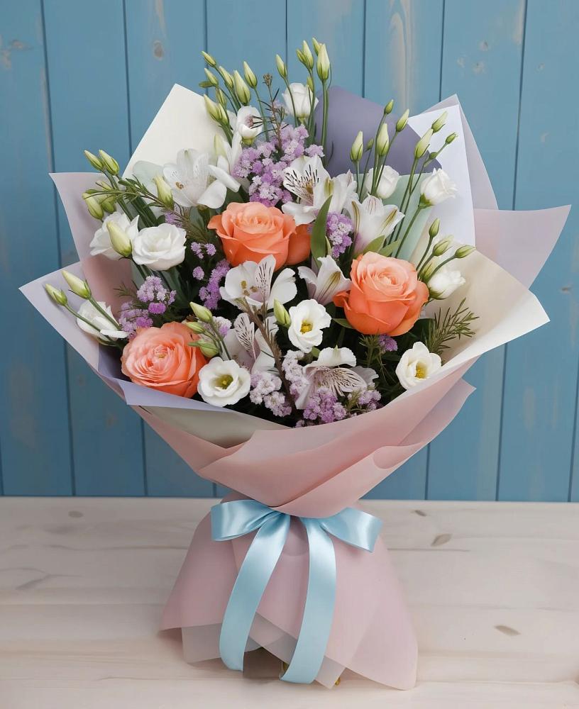 Букет цветов из: Лизиантусы, Розы, Альстромерии и Гипсофила в Шевляково
