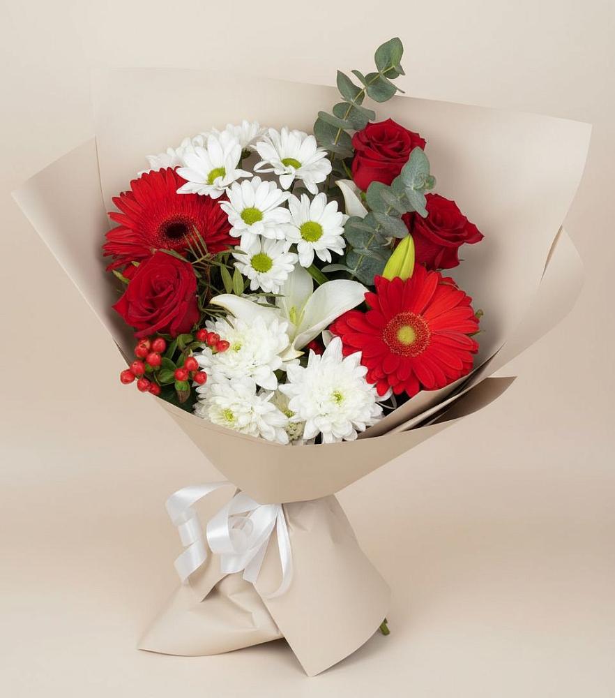 Букет цветов из: Розы, Хризантемы, Герберы и Лилии в Шевляково