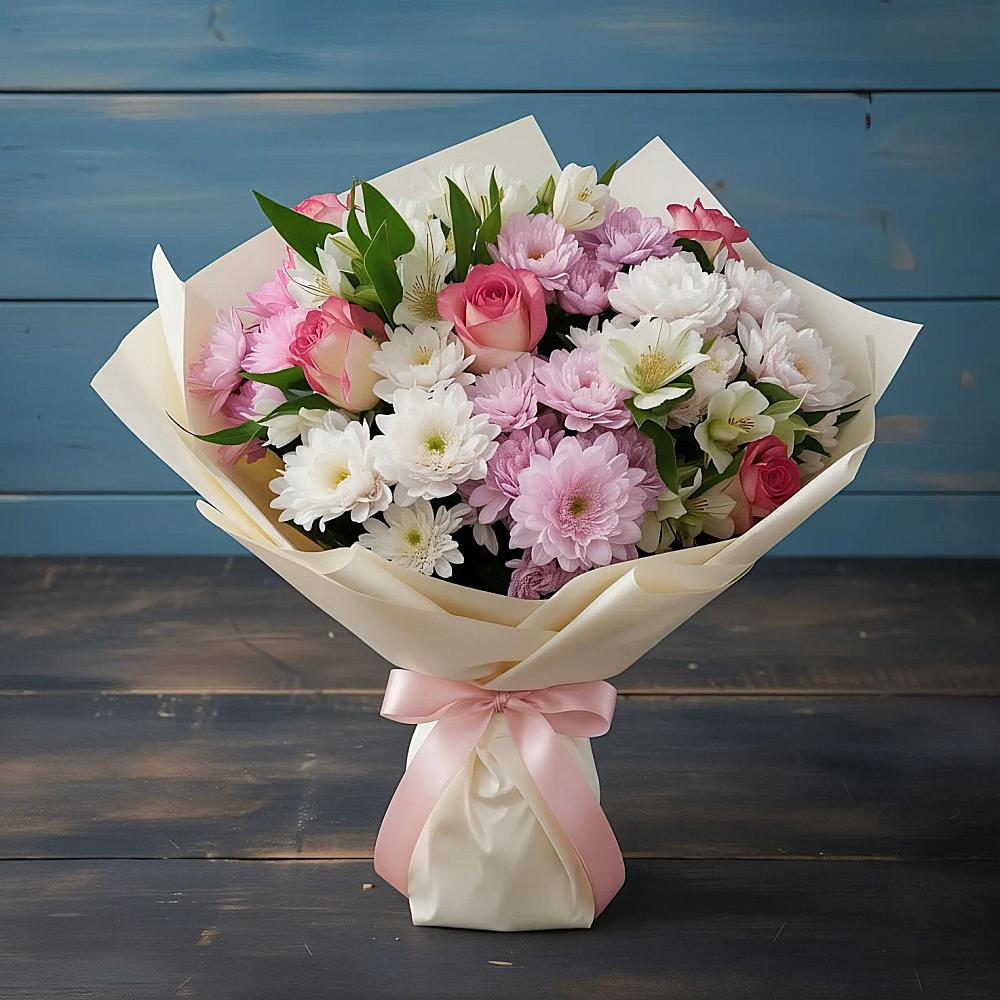 Букет цветов из: Хризантемы, Альстромерии и Розы в Шевляково